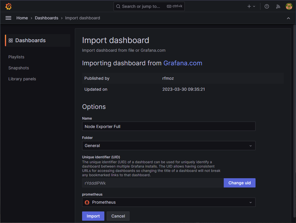 Grafana - Node Exporter dashboard - Import